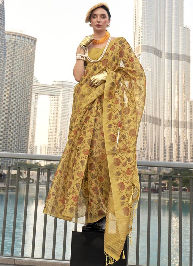 Tissue Yellow Festival Wear Printed Saree